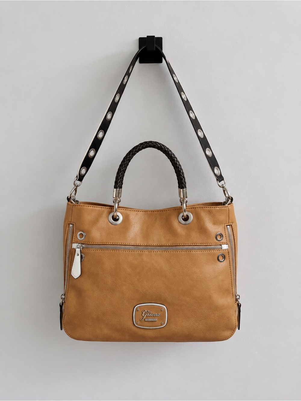 GUESS Tan Tote with Black Braided Top Handle and Gold Hardware